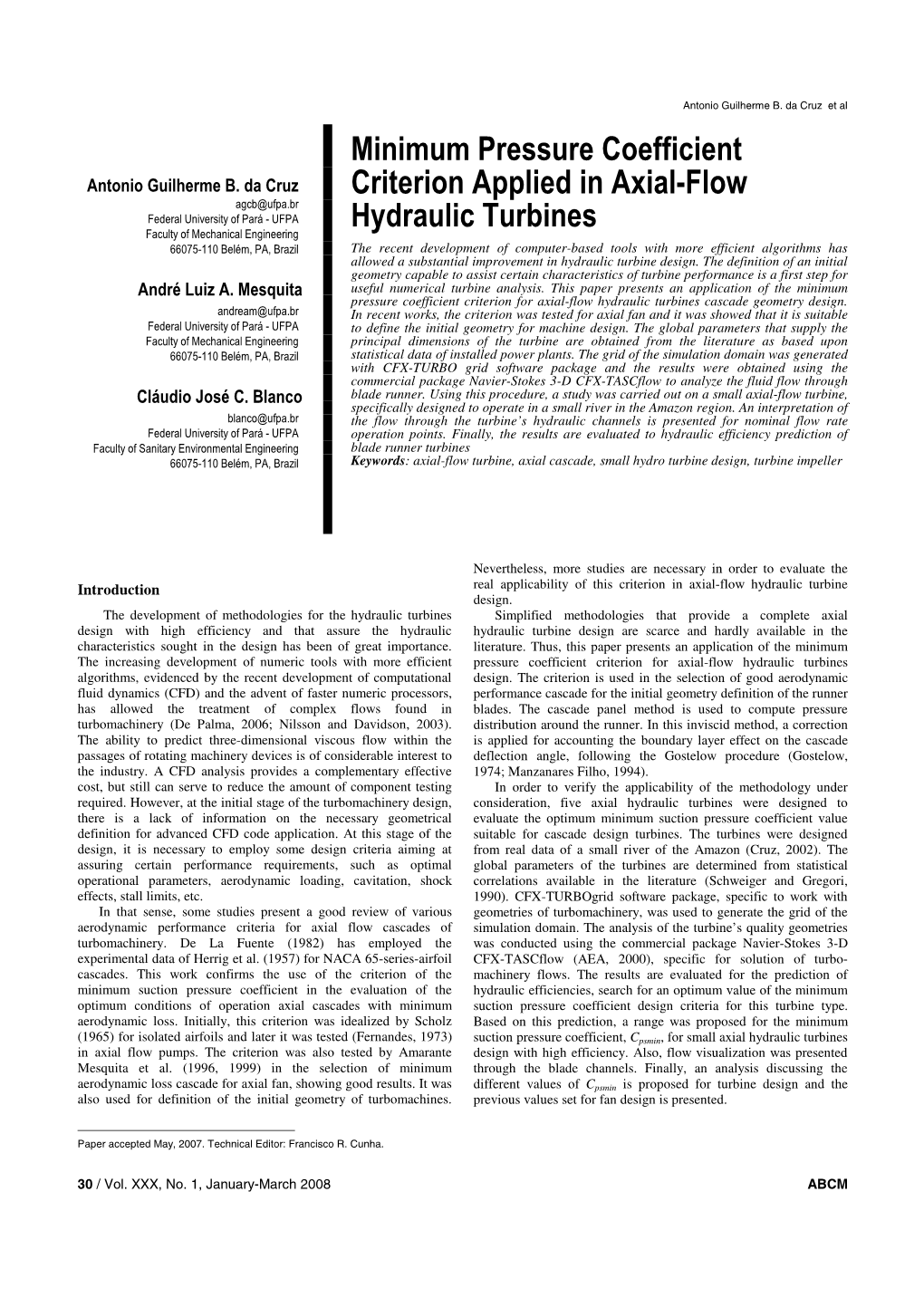 Minimum Pressure Coefficient Criterion Applied in Axial-Flow Hydraulic Turbines