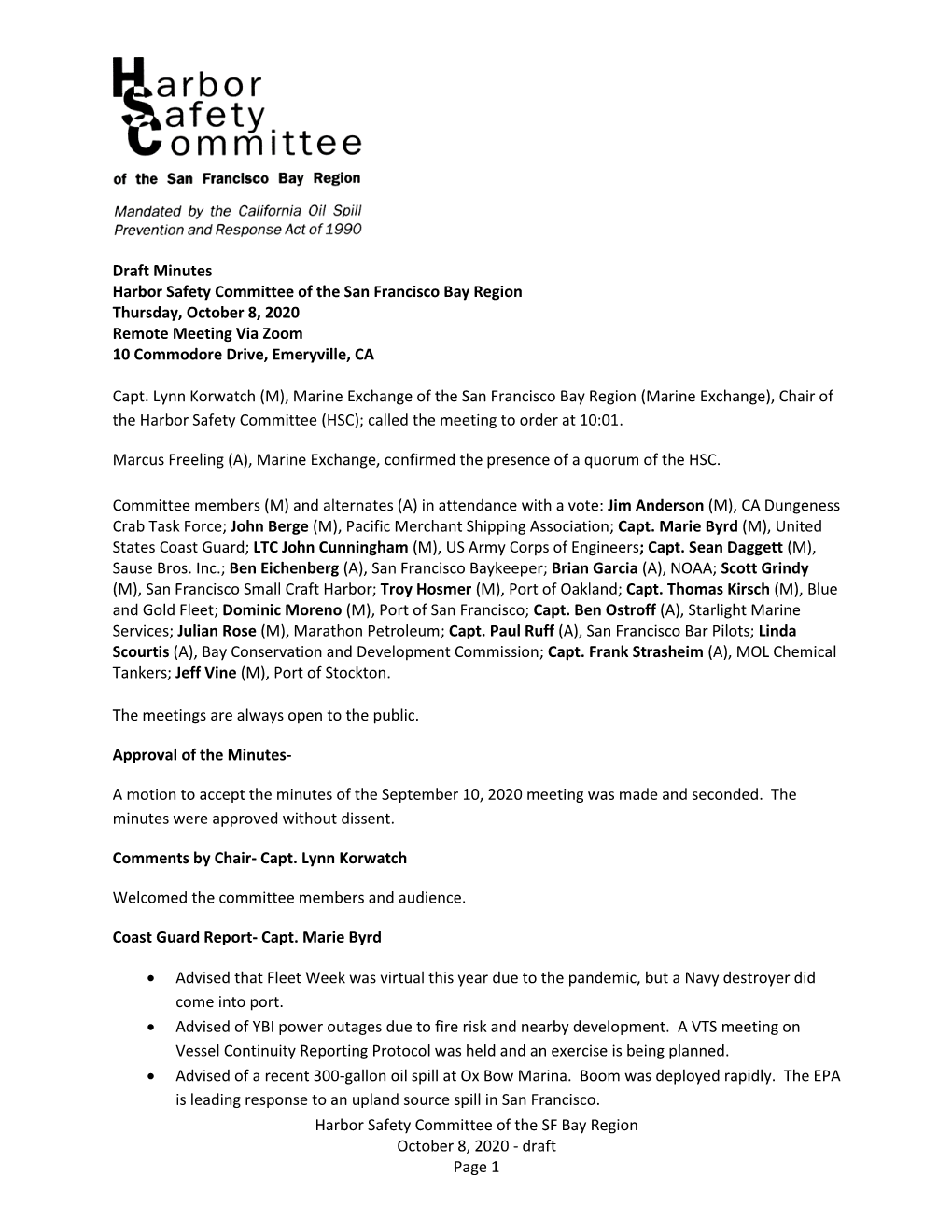 Harbor Safety Committee of the SF Bay Region October 8, 2020 - Draft Page 1