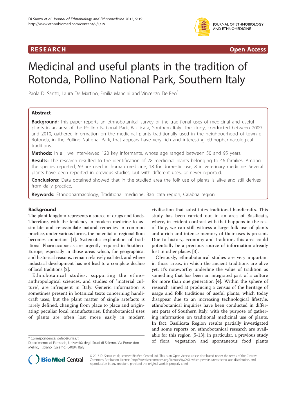 Medicinal and Useful Plants in the Tradition of Rotonda, Pollino National Park, Southern Italy Paola Di Sanzo, Laura De Martino, Emilia Mancini and Vincenzo De Feo*