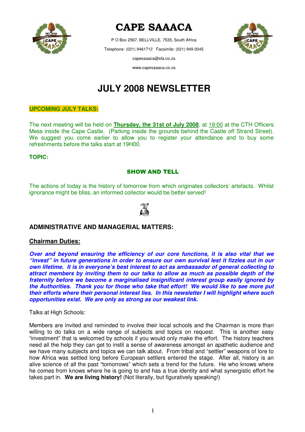 July 2008 Newsletter