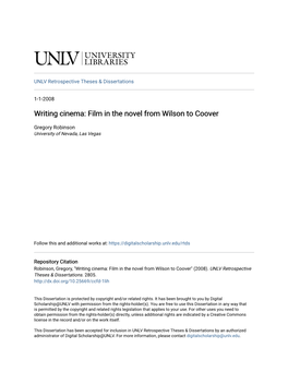 Writing Cinema: Film in the Novel from Wilson to Coover
