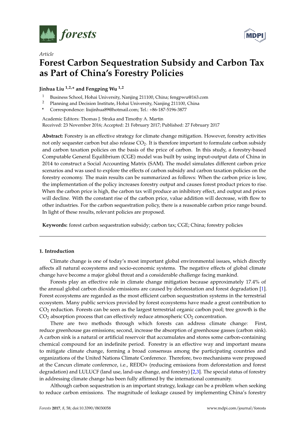 Forest Carbon Sequestration Subsidy and Carbon Tax As Part of China's