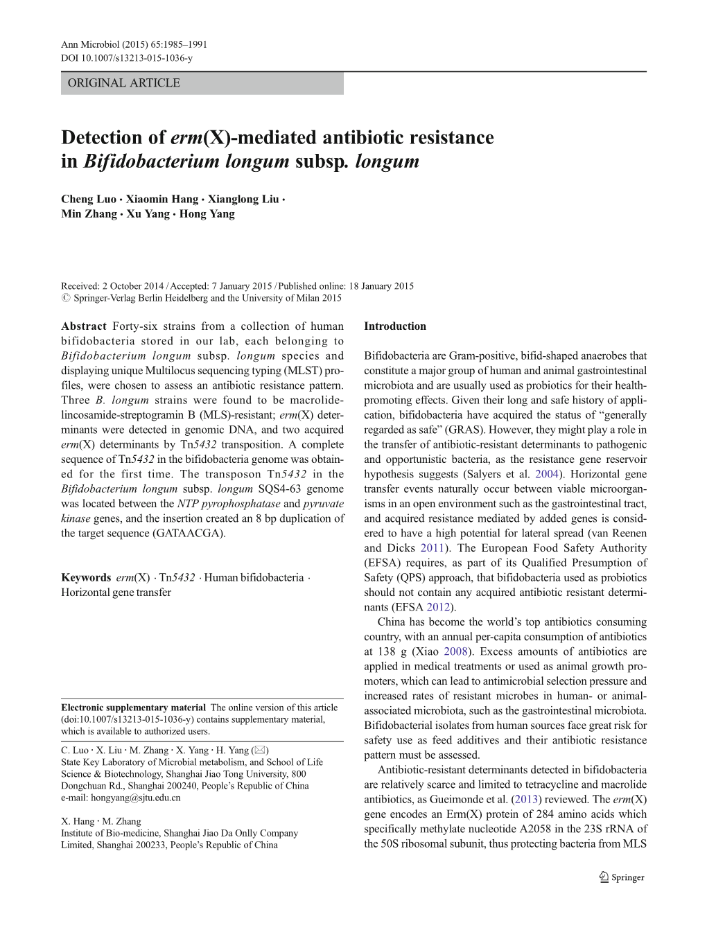 Mediated Antibiotic Resistance in Bifidobacterium Longum Subsp. Longum