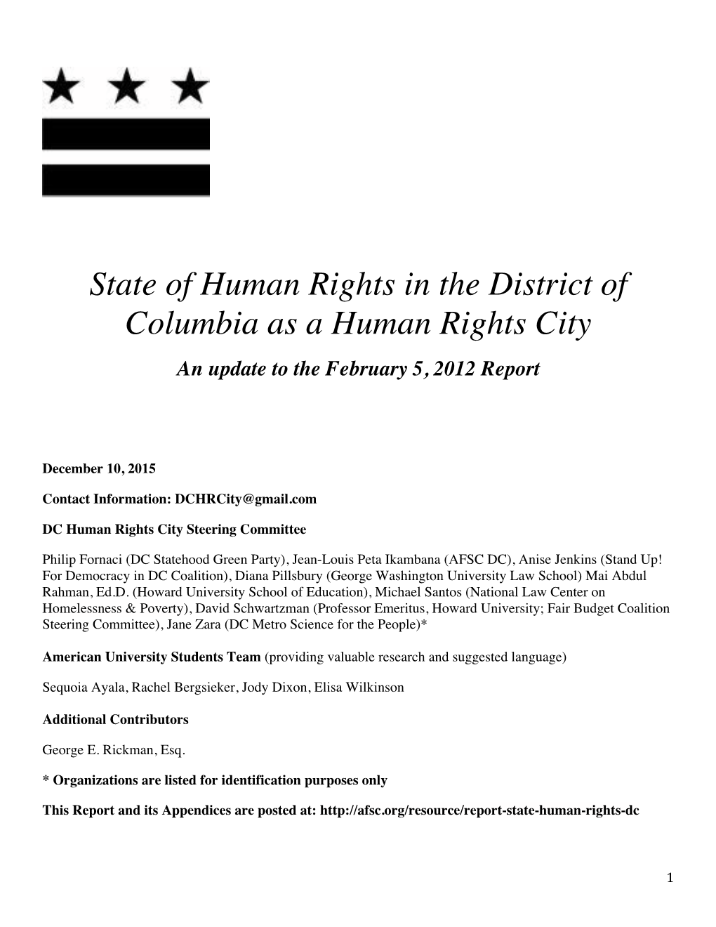 State of Human Rights in the District of Columbia As a Human Rights City an Update to the February 5, 2012 Report