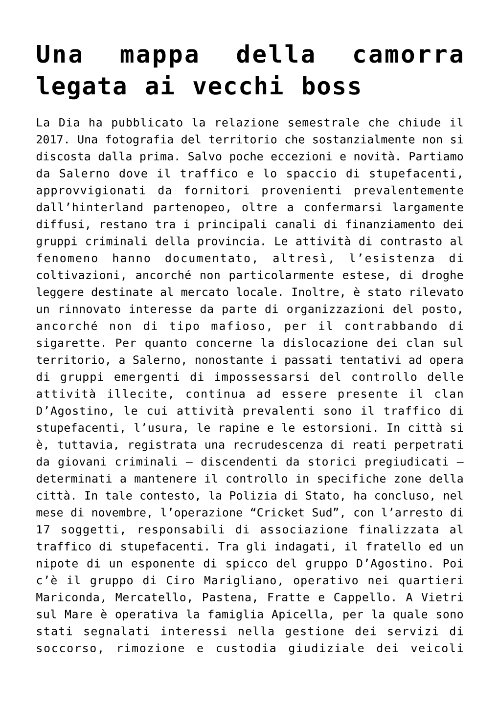 Una Mappa Della Camorra Legata Ai Vecchi Boss