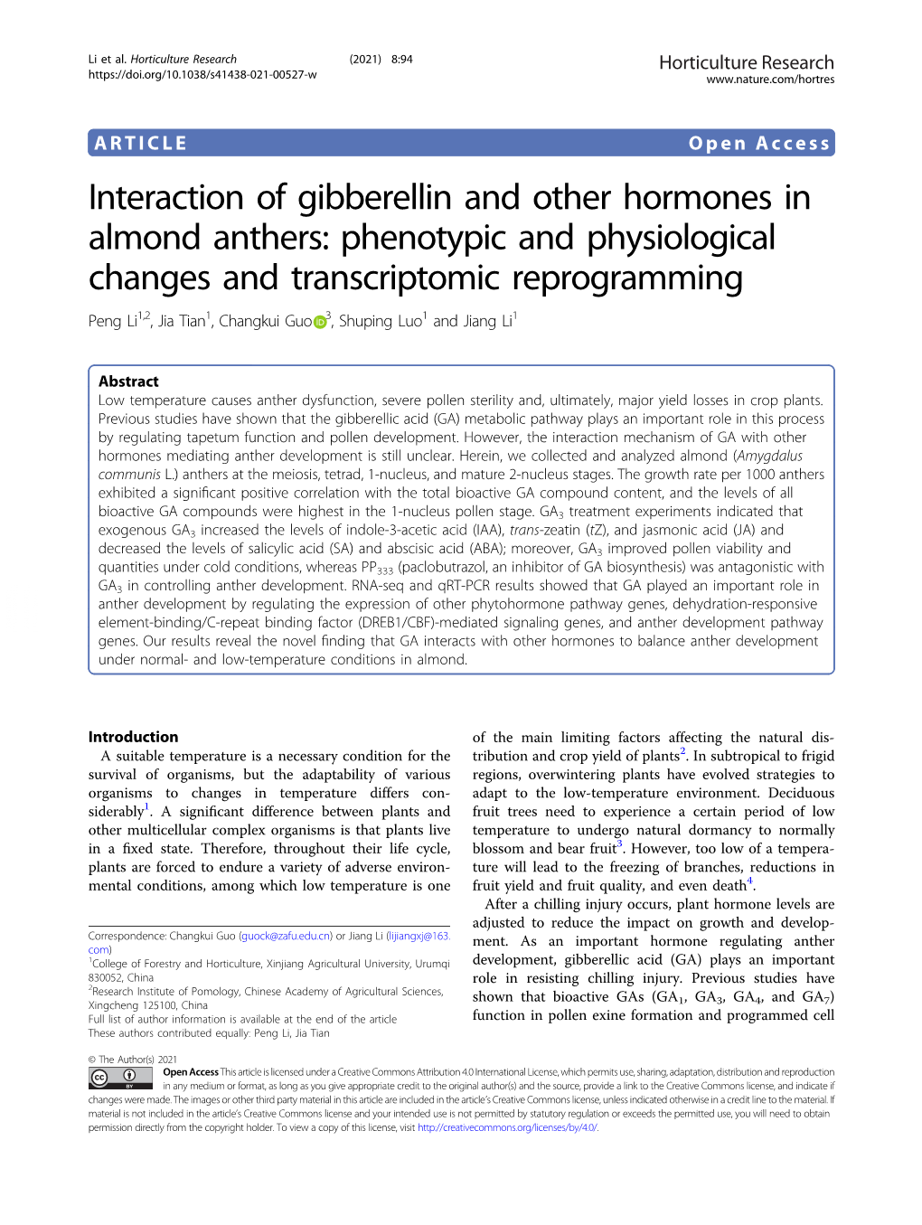 Interaction of Gibberellin and Other Hormones in Almond Anthers