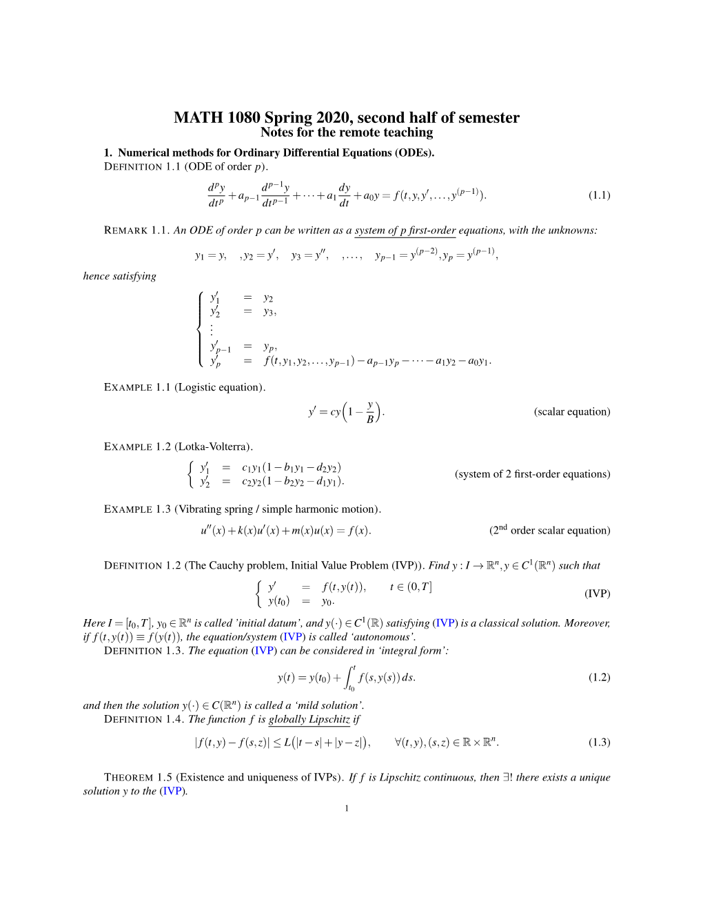 MATH 1080 Spring 2020, Second Half of Semester Notes for the Remote Teaching 1