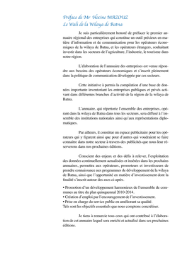 Préface De Mr Hocine MAZOUZ Le Wali De La Wilaya De Batna