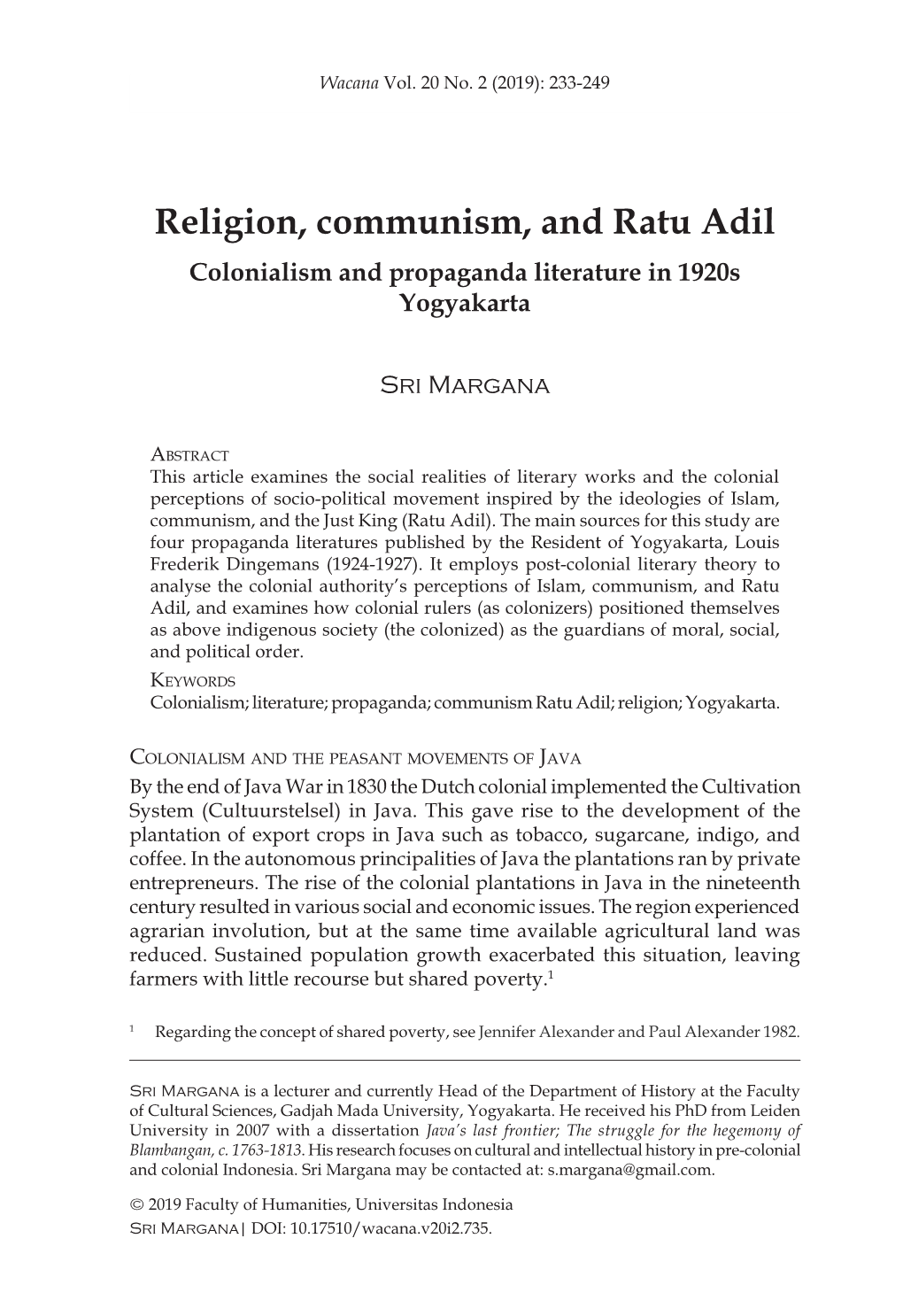 Religion, Communism, and Ratu Adil Colonialism and Propaganda Literature in 1920S Yogyakarta