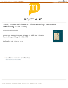 Arnold J. Toynbee and Islamism in Cold War￢ﾀﾓera Turkey