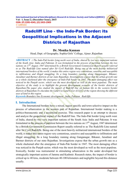 The Indo-Pak Border: Its Geopolitical Implications in the Adjacent Districts of Rajasthan