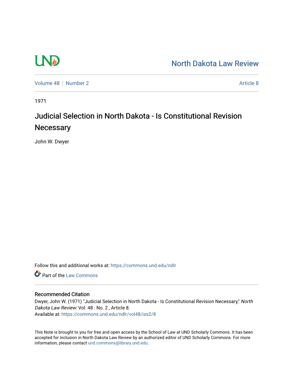 Judicial Selection in North Dakota - Is Constitutional Revision Necessary