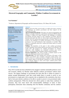 Electoral Geography and Community: Whither Coalition Governments in Lesotho?