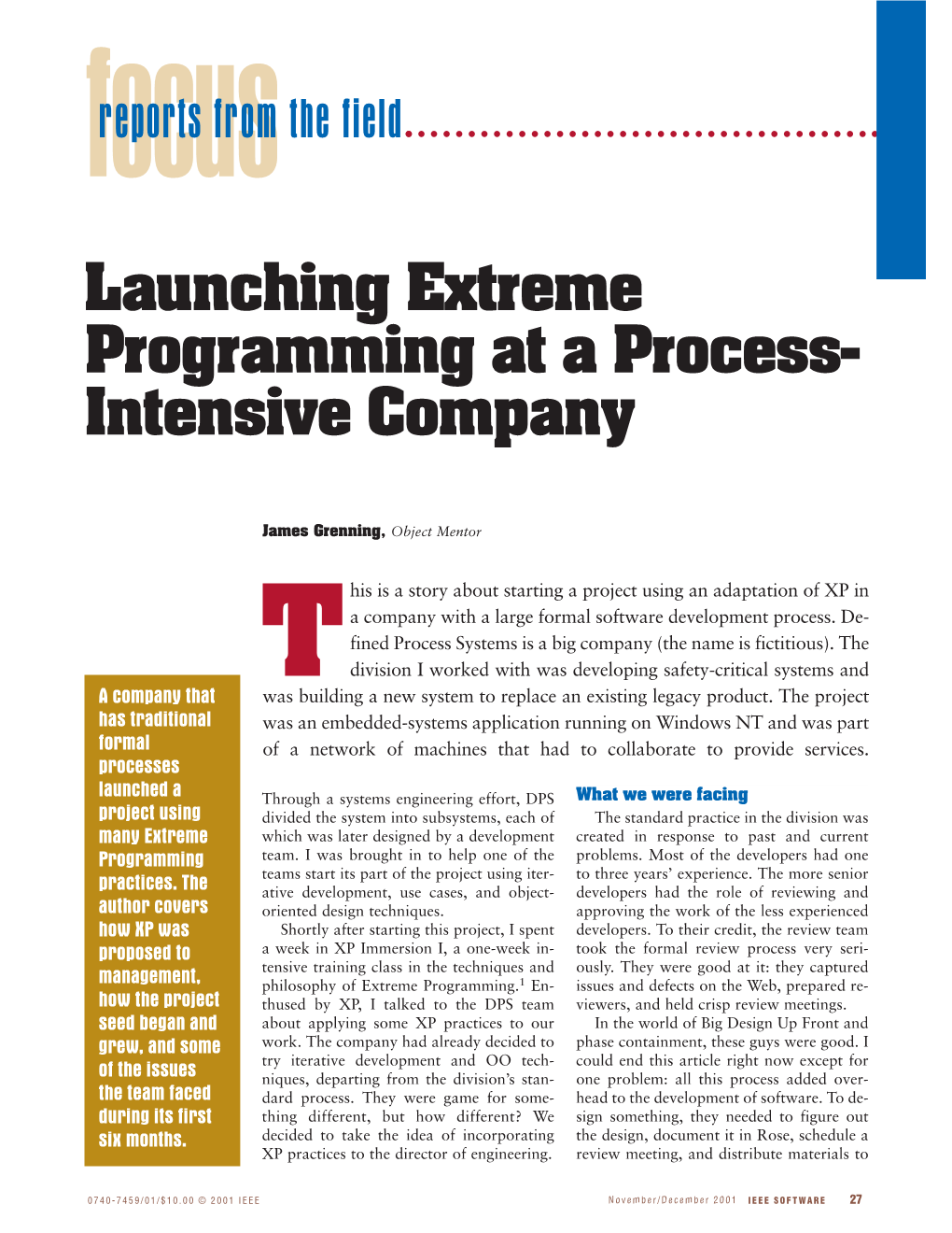Launching Extreme Programming at a Process-Intensive Company