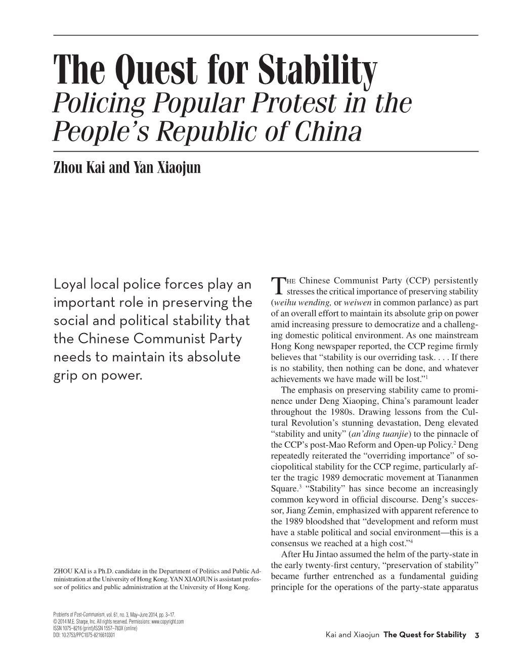 The Quest for Stability Policing Popular Protest in the People’S Republic of China Zhou Kai and Yan Xiaojun