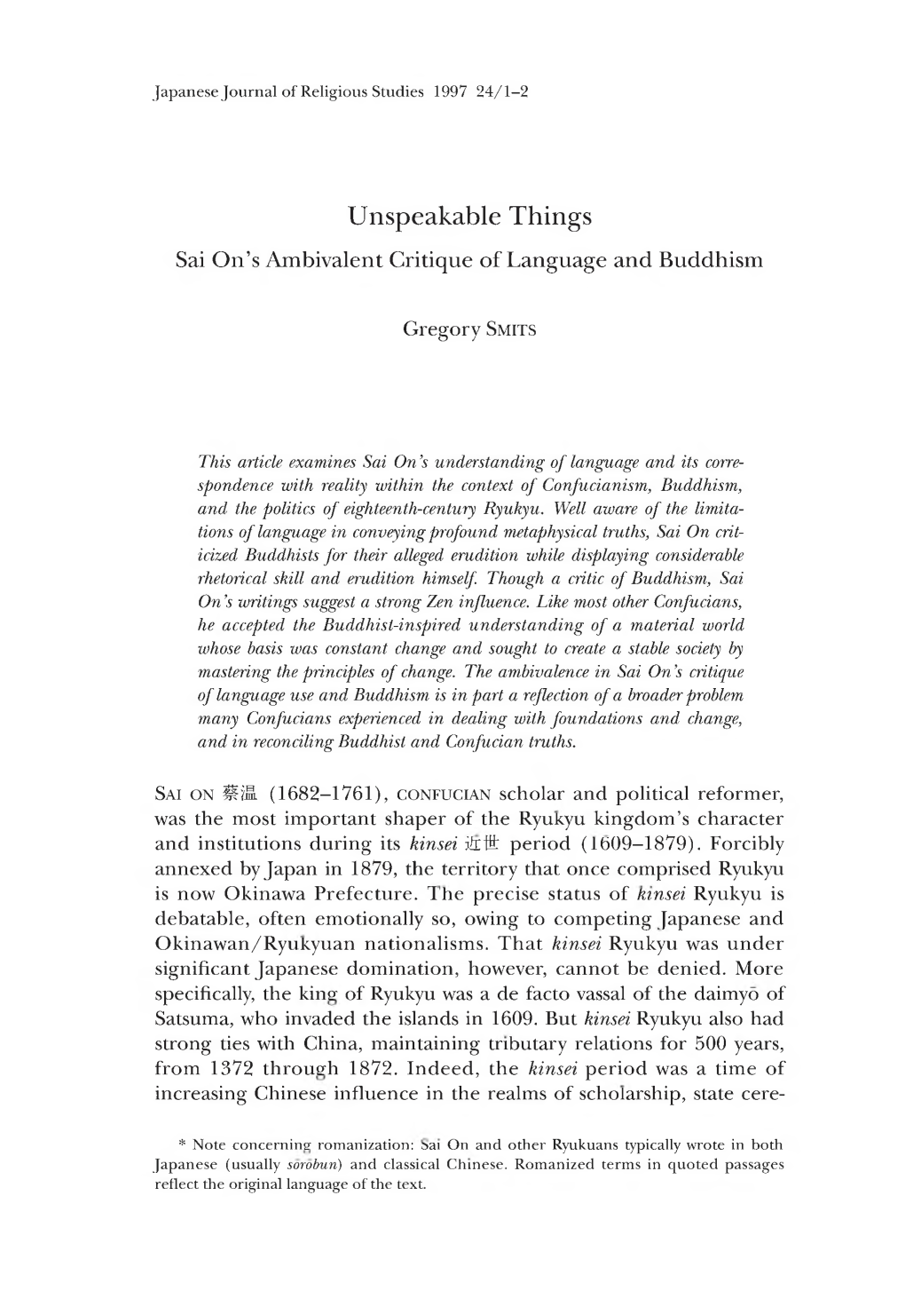 Unspeakable Things S a I O N ，S Ambivalent Critique of Language and Buddhism