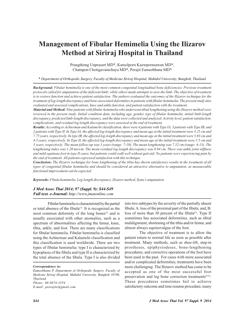 Management of Fibular Hemimelia Using the Ilizarov Method at Siriraj Hospital in Thailand