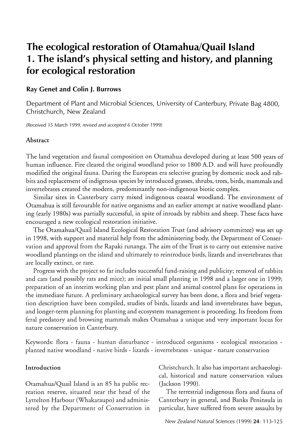 The Ecological Restoration of Otamahua/Quail Island 1. the Island's Physical Setting and History, and Planning for Ecological Restoration