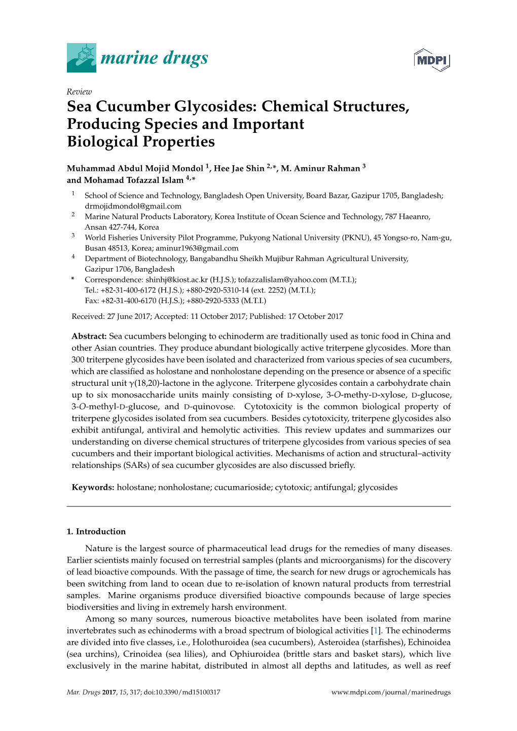 Sea Cucumber Glycosides: Chemical Structures, Producing Species and Important Biological Properties