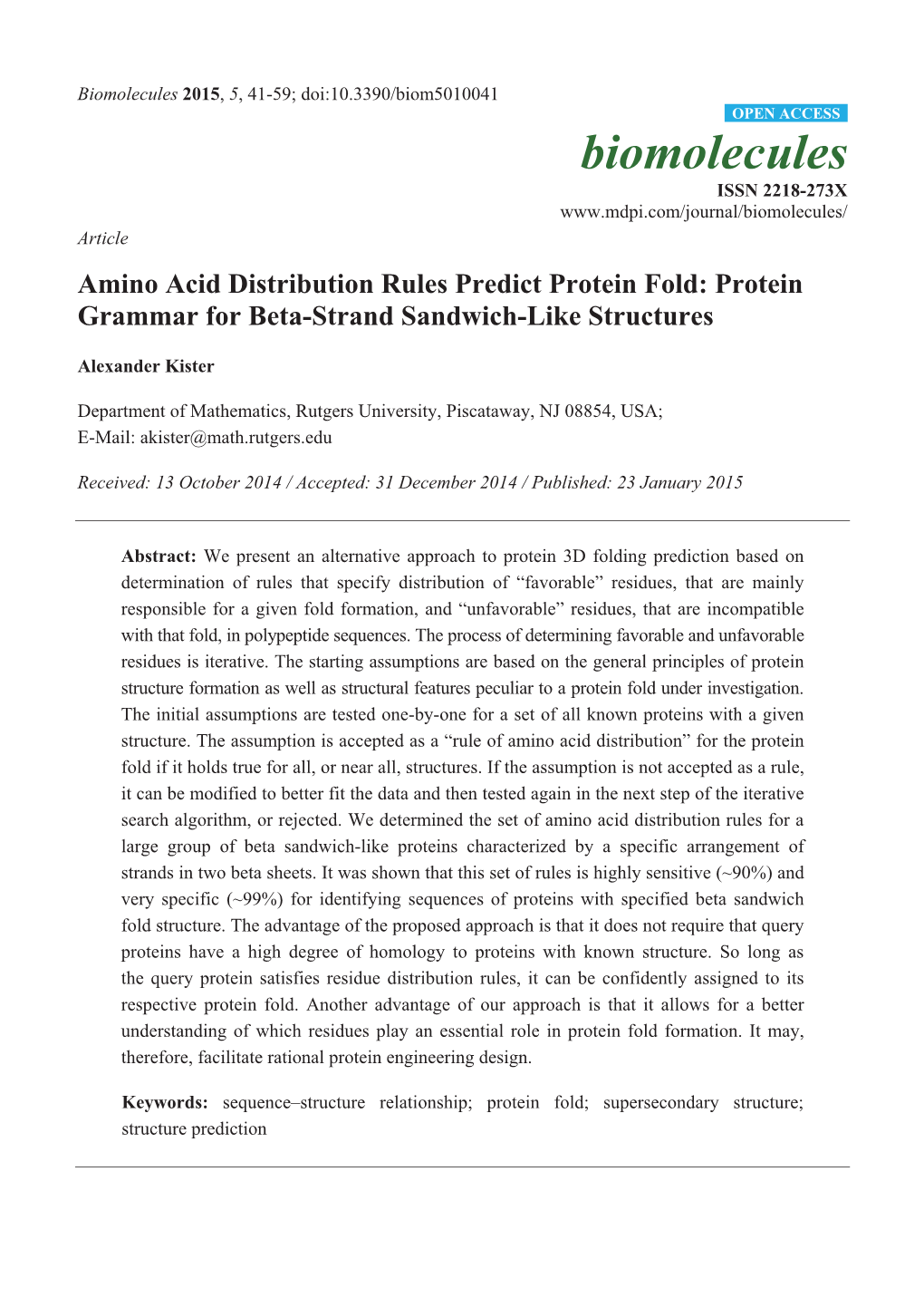 Amino Acid Distribution Rules Predict Protein Fold: Protein Grammar for Beta-Strand Sandwich-Like Structures