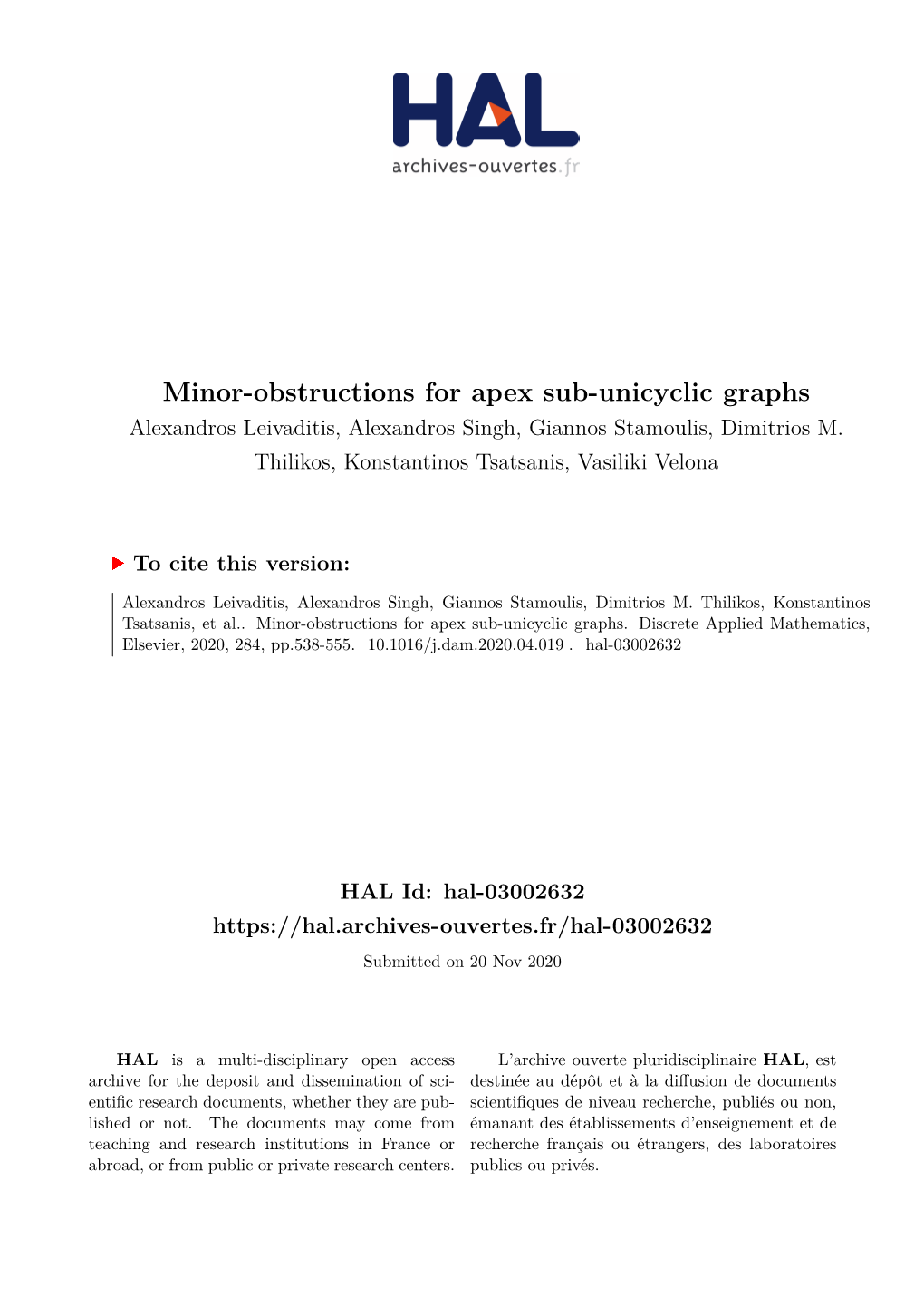 Minor-Obstructions for Apex Sub-Unicyclic Graphs Alexandros Leivaditis, Alexandros Singh, Giannos Stamoulis, Dimitrios M
