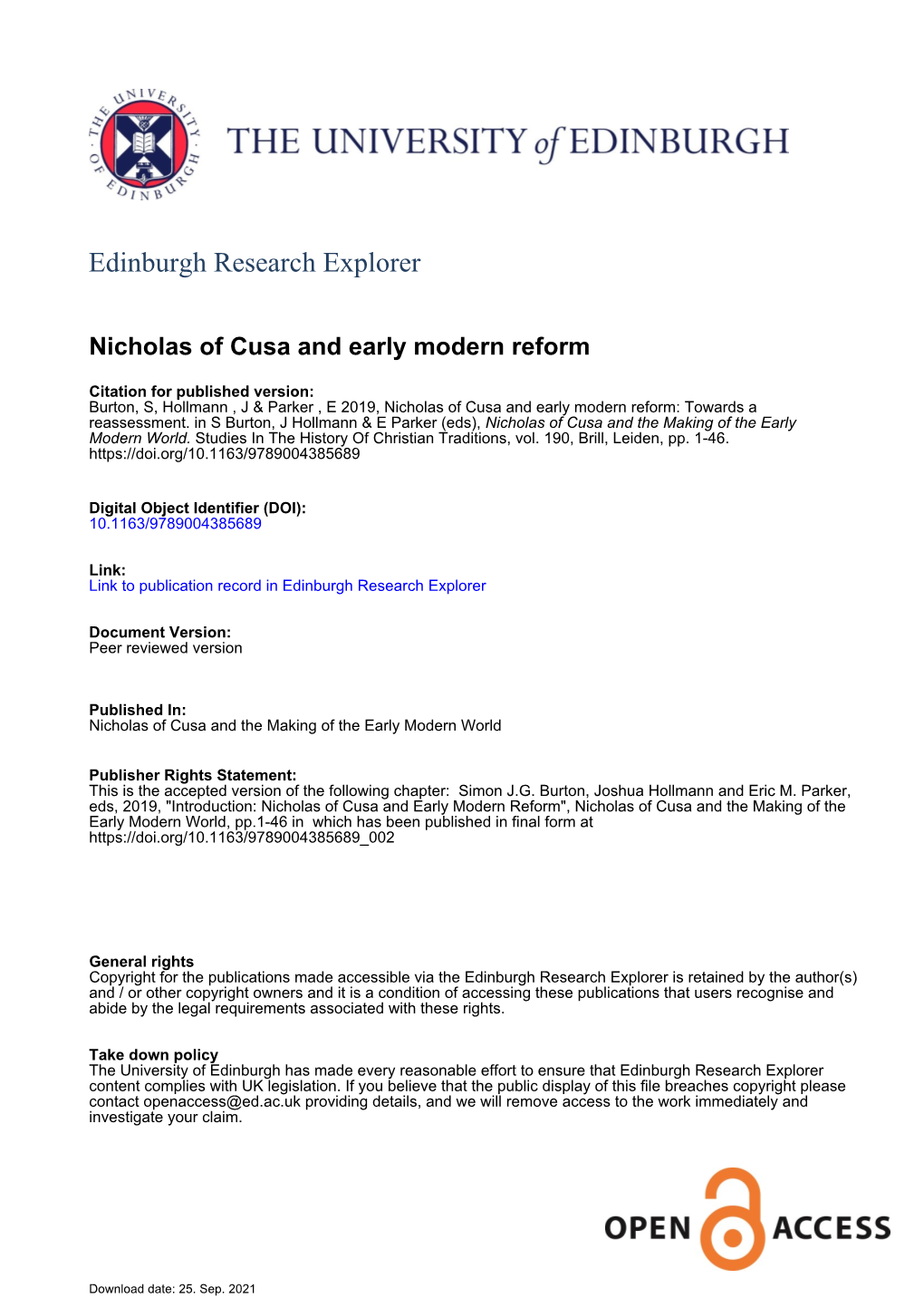 Nicholas of Cusa and Early Modern Reform