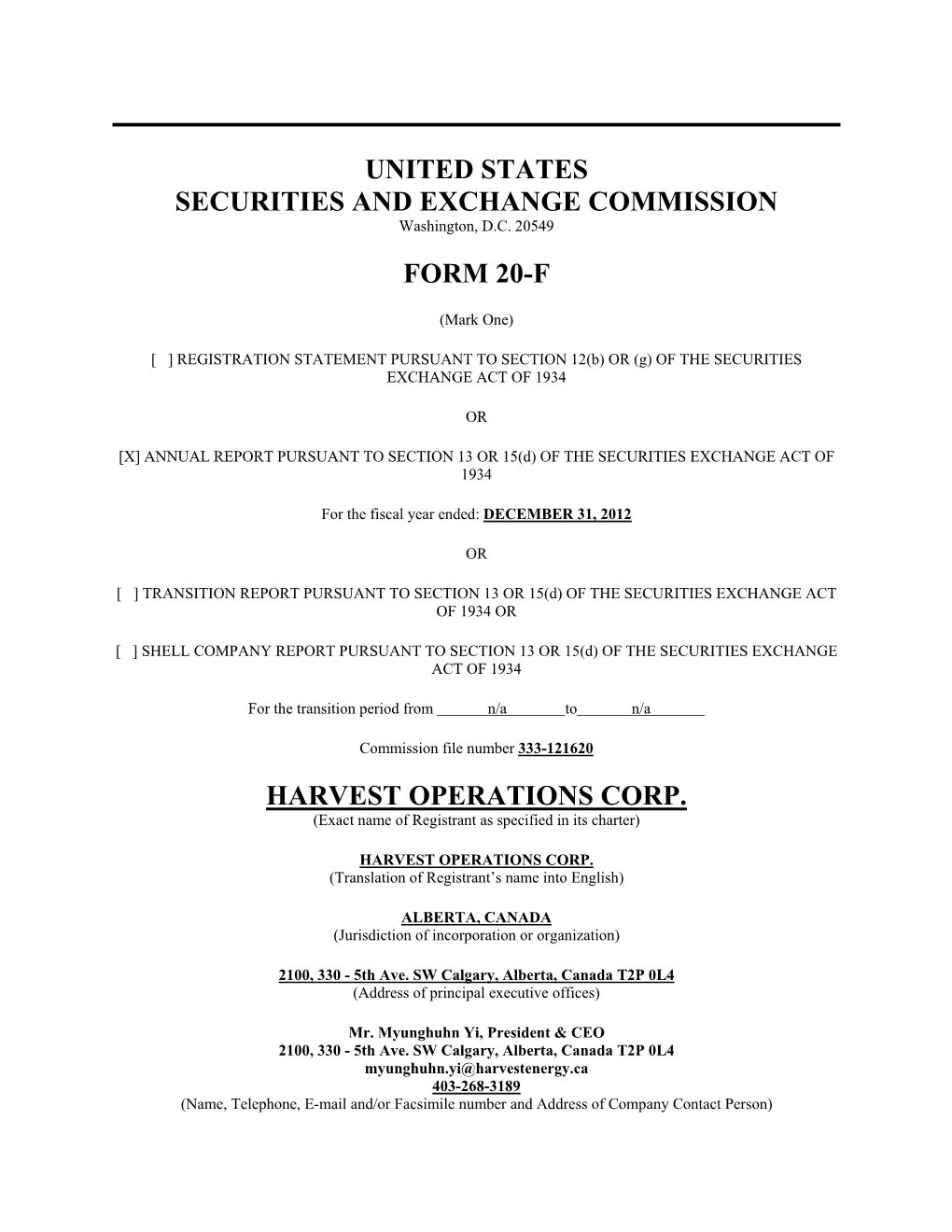 United States Securities and Exchange Commission Form 20-F Harvest Operations Corp