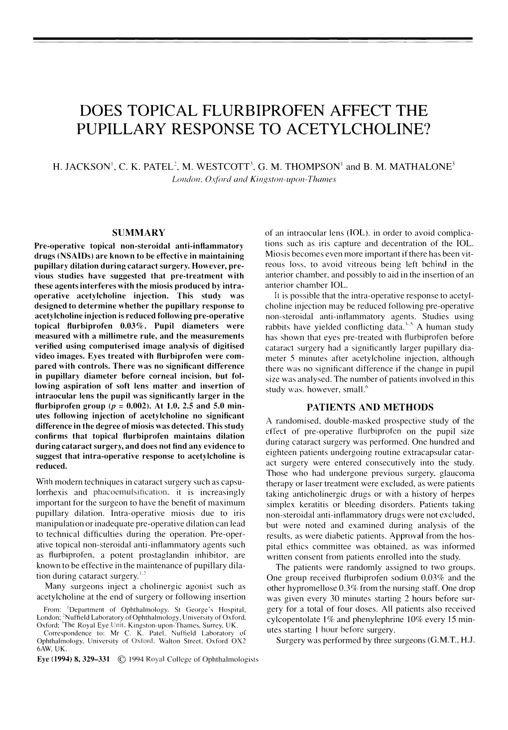 Does Topical Flurbiprofen Affect the Pupillary Response to Acetylcholine?