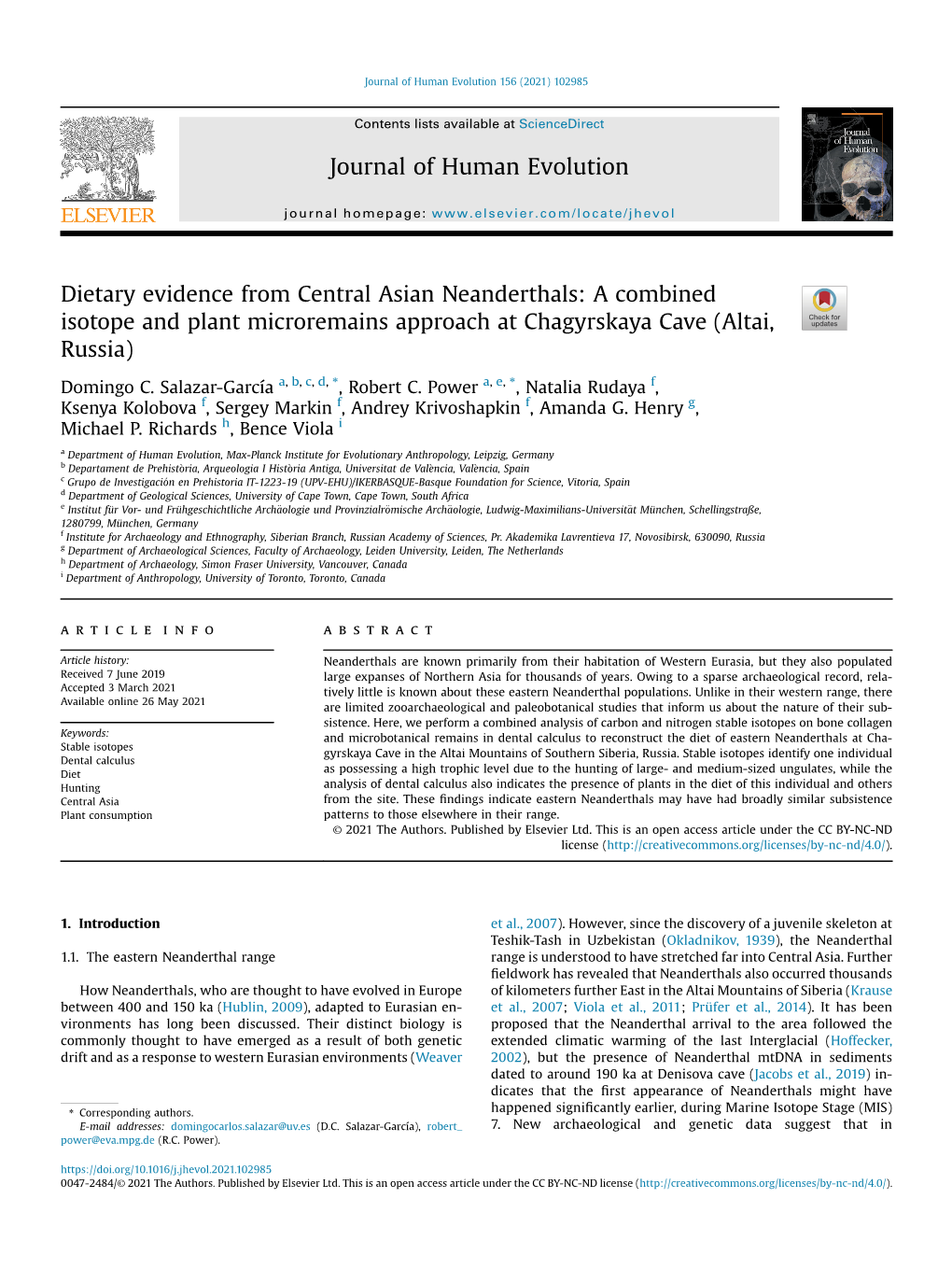 Dietary Evidence from Central Asian Neanderthals: a Combined Isotope and Plant Microremains Approach at Chagyrskaya Cave (Altai, Russia)