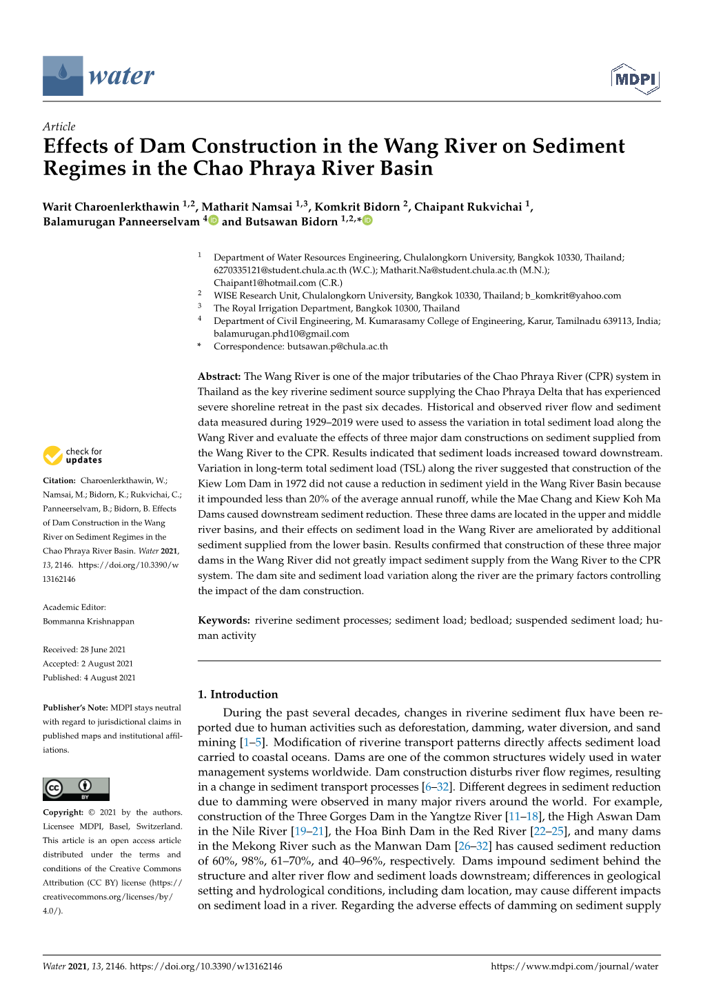Effects of Dam Construction in the Wang River on Sediment Regimes in the Chao Phraya River Basin