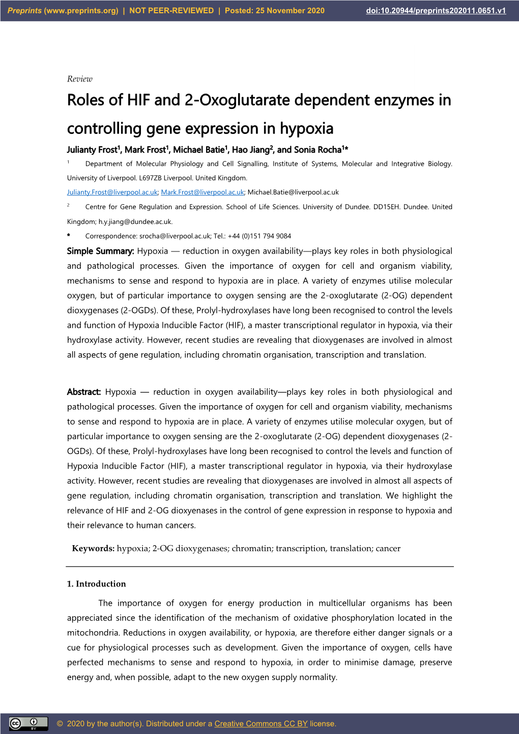 Roles of HIF and 2-Oxoglutarate Dependent Enzymes in Controlling Gene Expression in Hypoxia