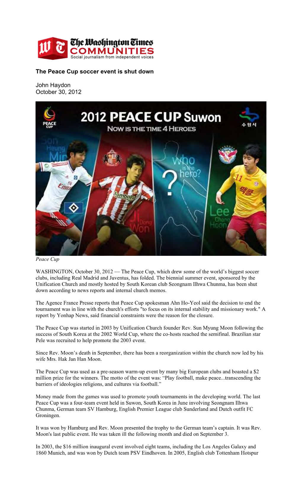 The Peace Cup Soccer Event Is Shut Down