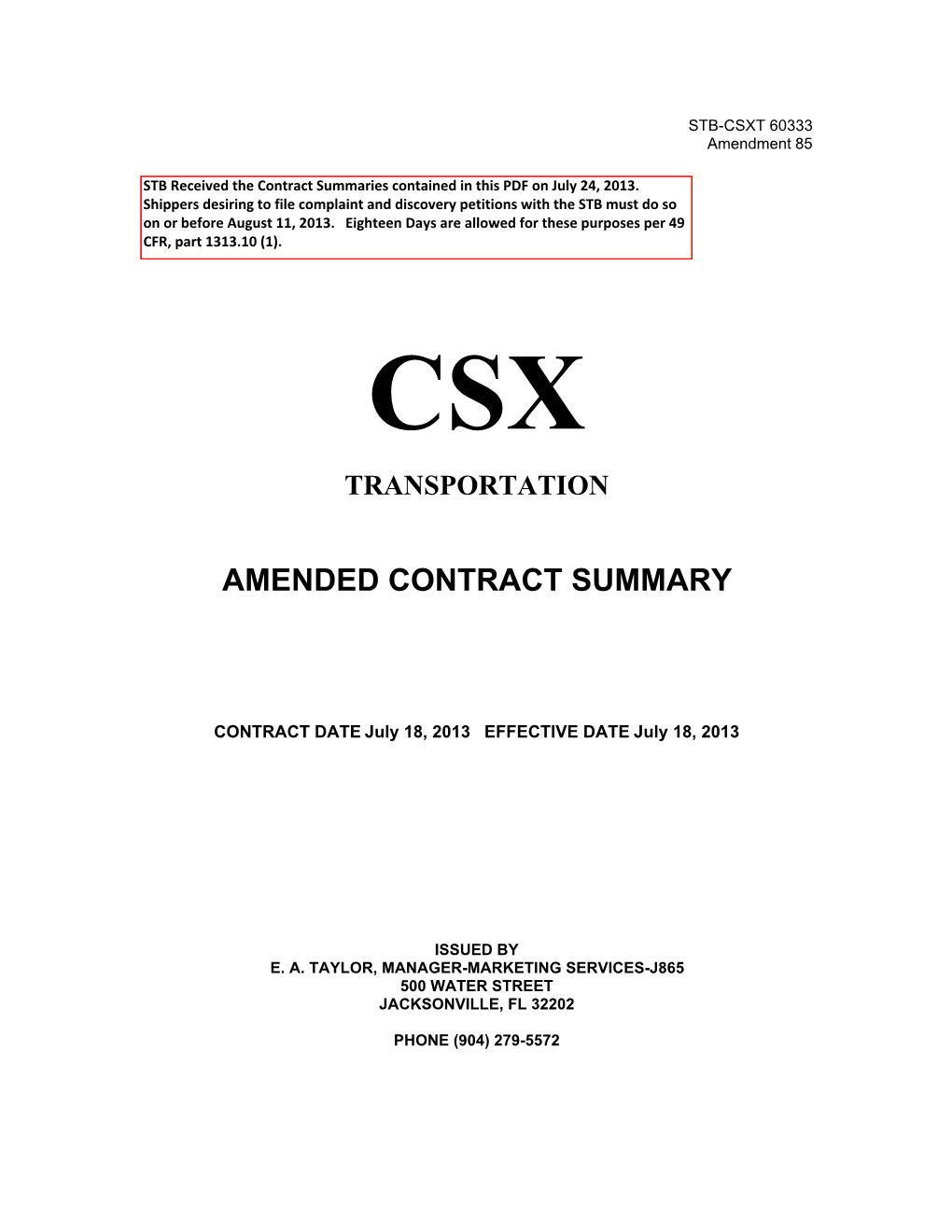 Csx Transportation Contract Summary