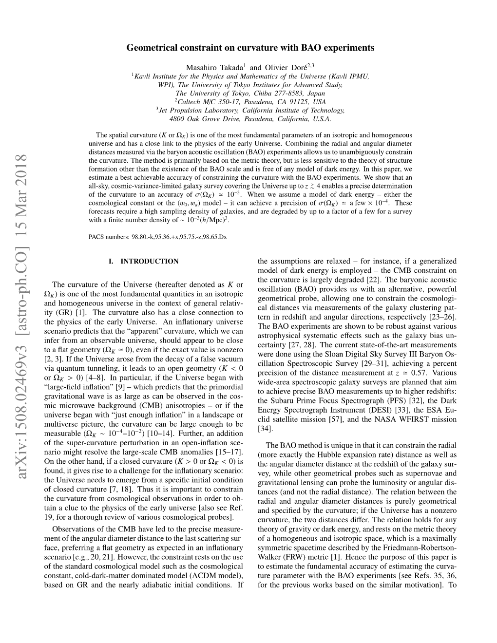 Geometrical Constraint on Curvature with BAO Experiments