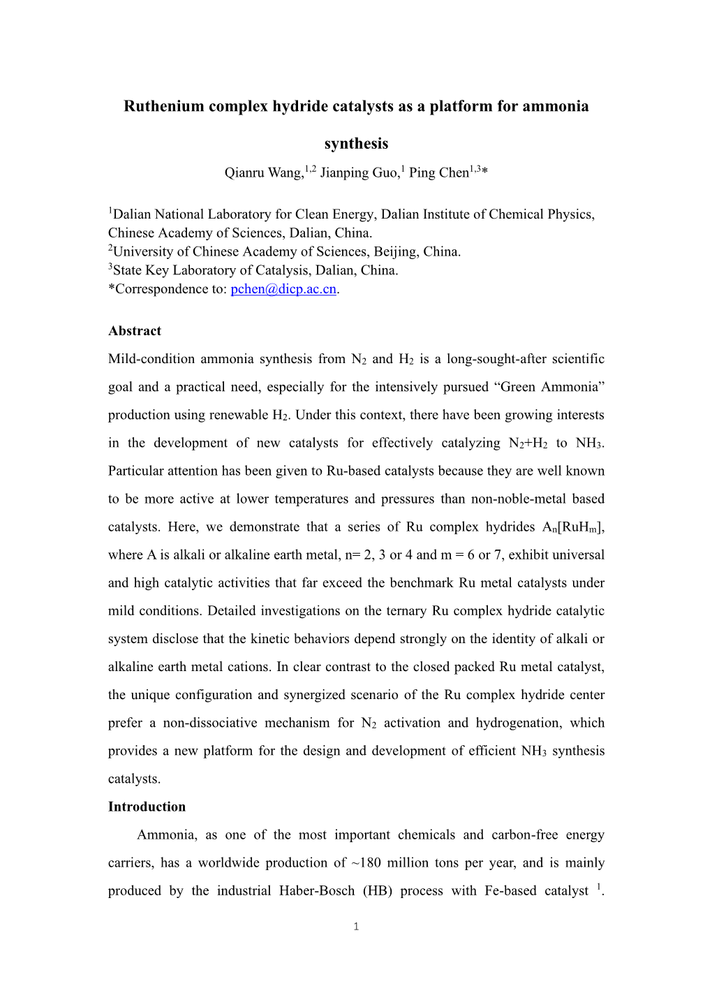 Ruthenium Complex Hydride Catalysts As a Platform for Ammonia Synthesis