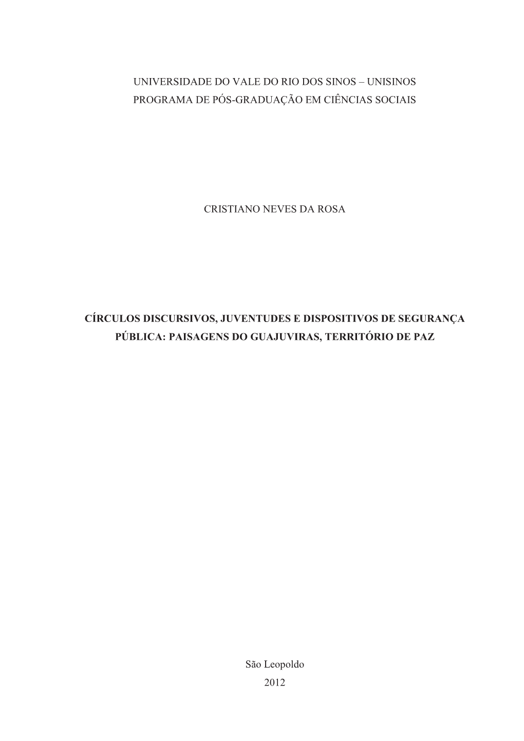 Unisinos Programa De Pós-Graduação Em Ciências Sociais