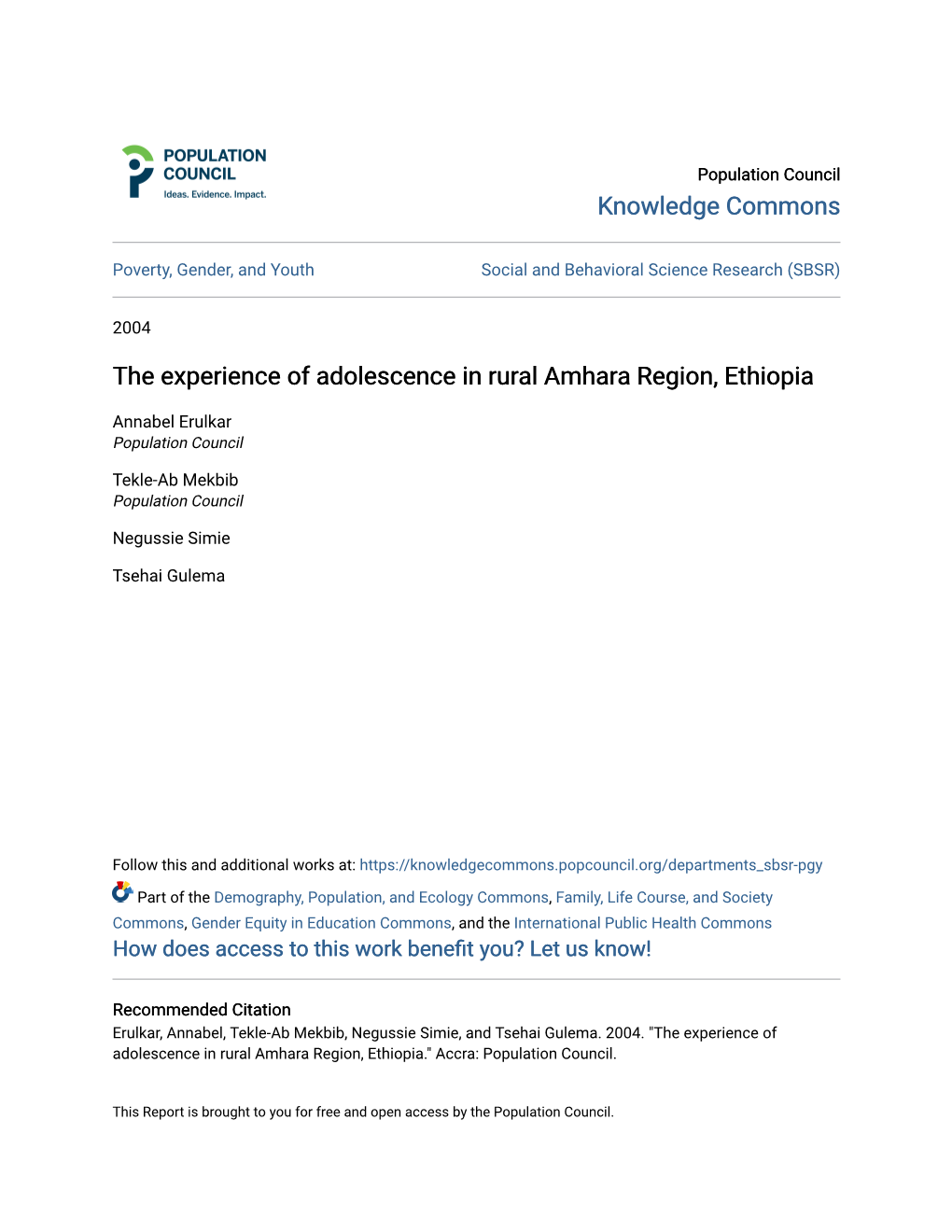 The Experience of Adolescence in Rural Amhara Region, Ethiopia