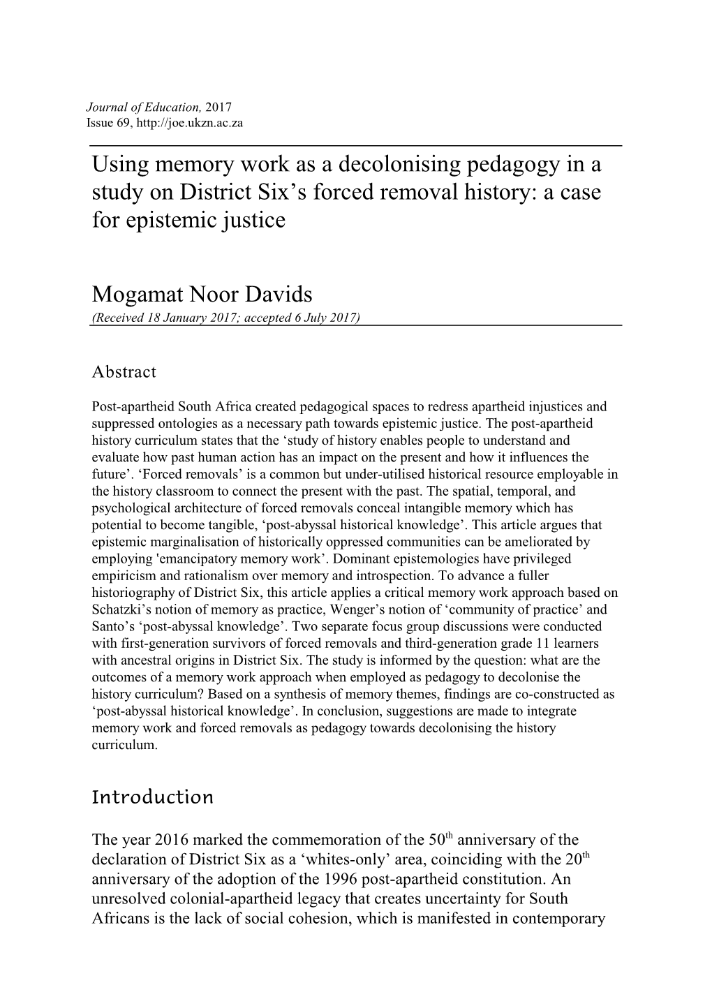 Using Memory Work As a Decolonising Pedagogy in a Study on District Six's Forced Removal History: a Case for Epistemic Justice