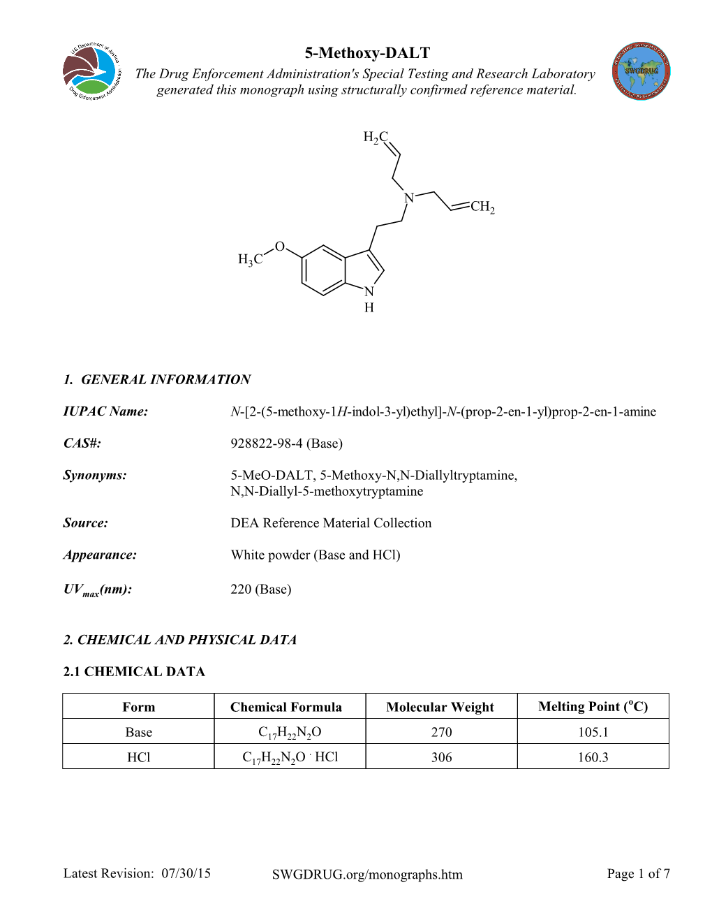 5-Methoxy-DALT the Drug Enforcement Administration's Special Testing and Research Laboratory Generated This Monograph Using Structurally Confirmed Reference Material