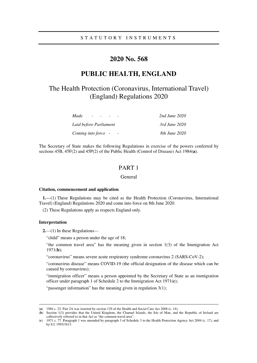 The Health Protection (Coronavirus, International Travel) (England) Regulations 2020