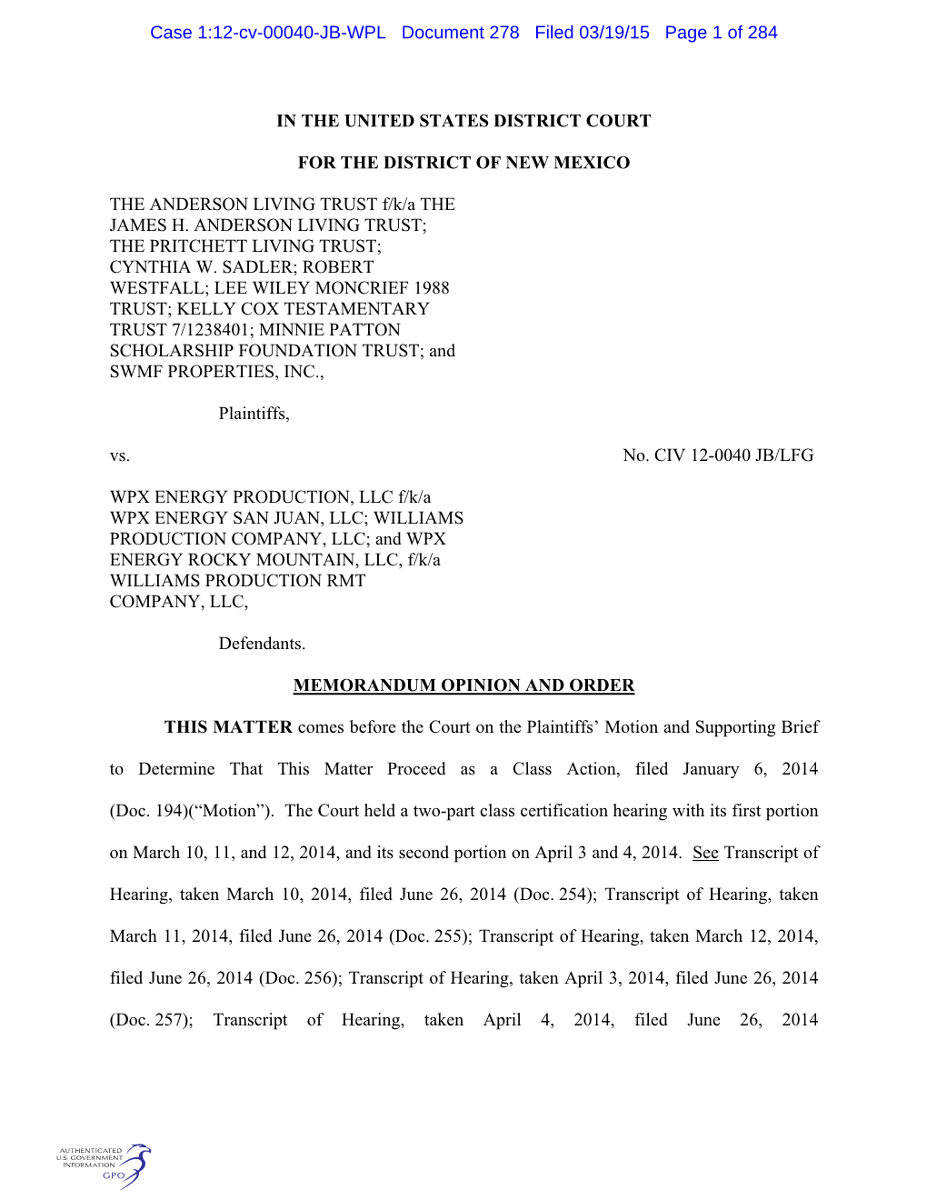 Case 1:12-Cv-00040-JB-WPL Document 278 Filed 03/19/15 Page 1 of 284