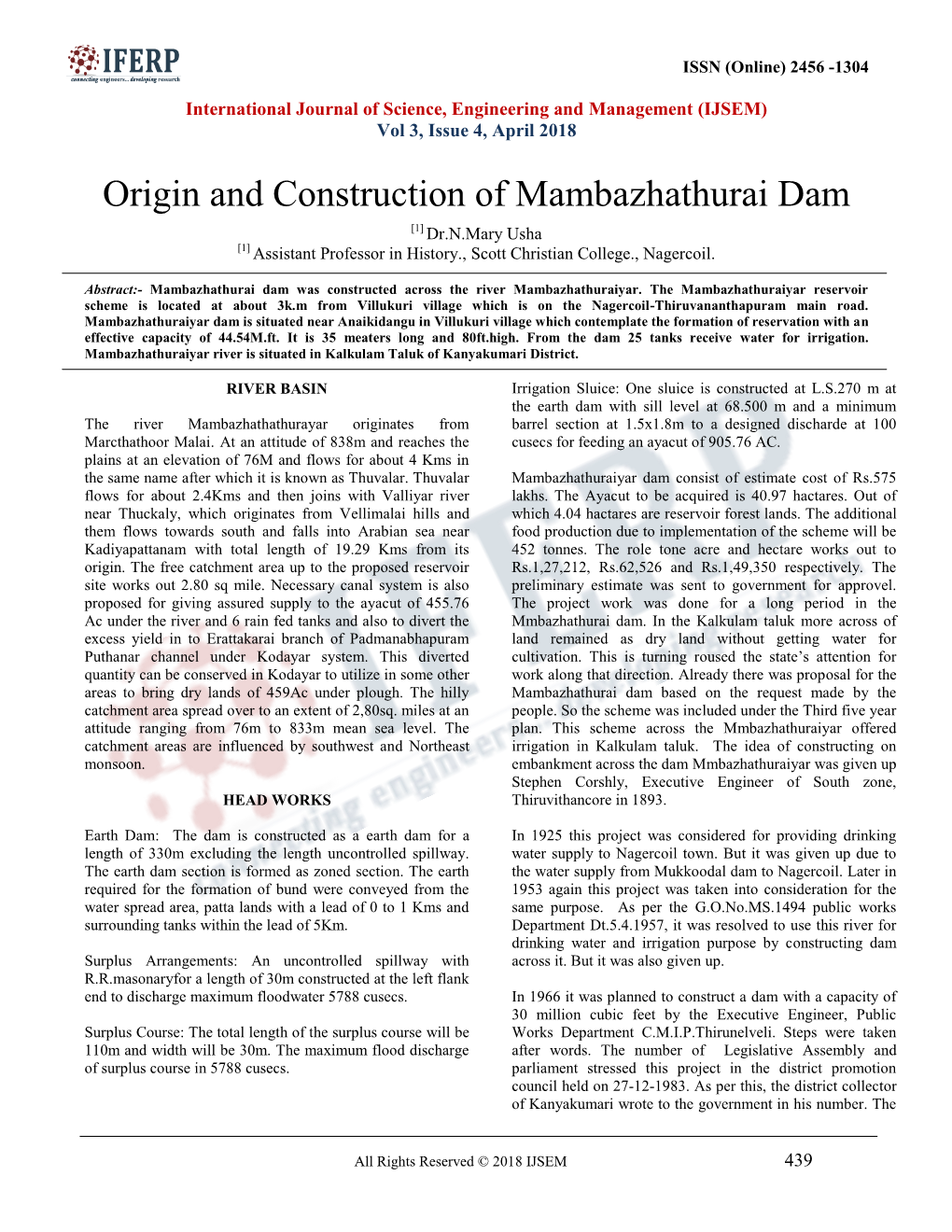 Origin and Construction of Mambazhathurai Dam [1] Dr.N.Mary Usha [1] Assistant Professor in History., Scott Christian College., Nagercoil