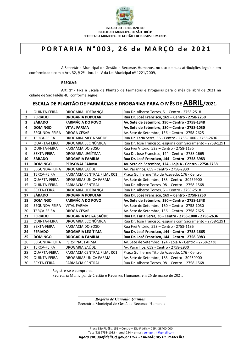 PORTARIA N° 0 0 3 , 2 6 D E MARÇO De 202 1