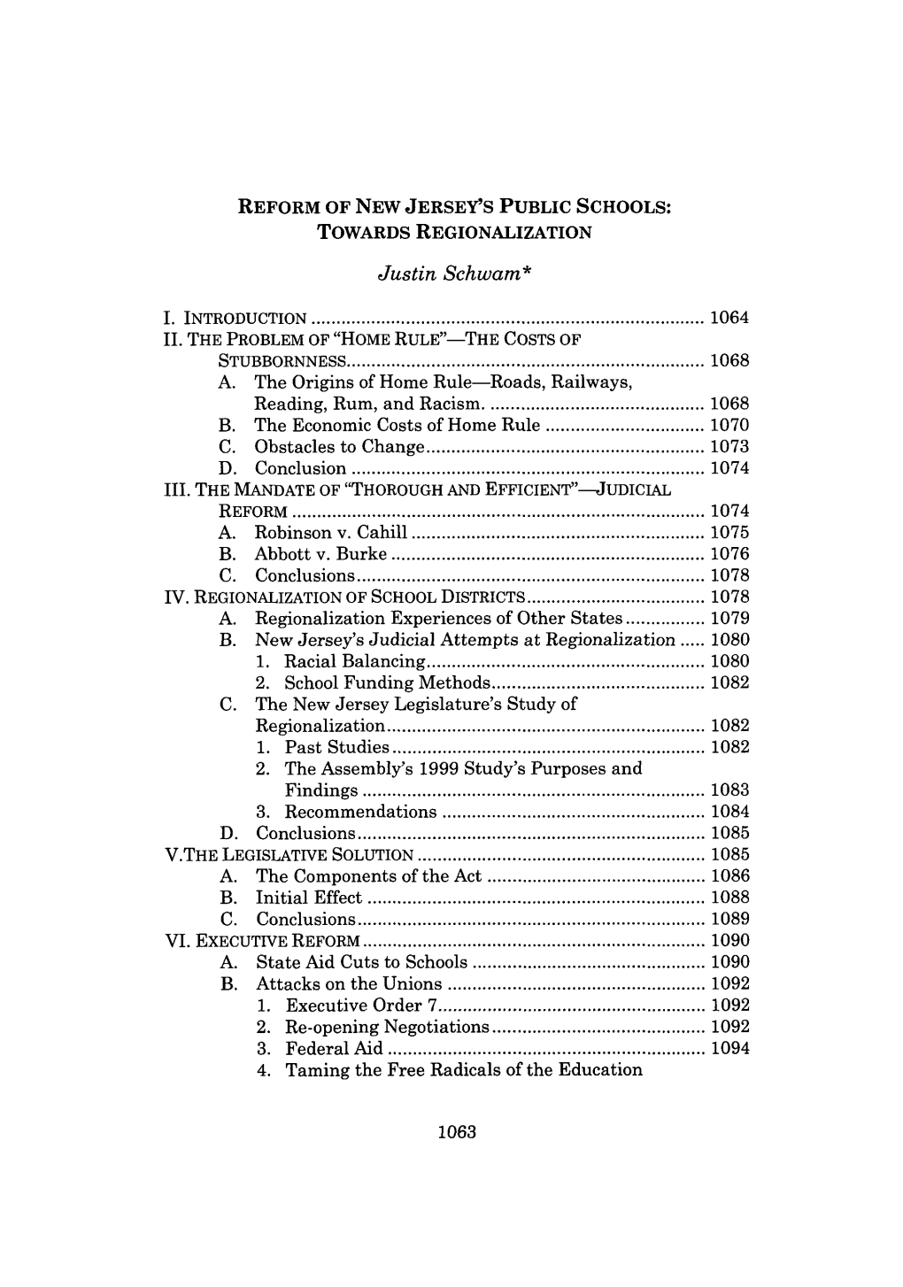 Reform of New Jersey's Public Schools: Towards Regionalization