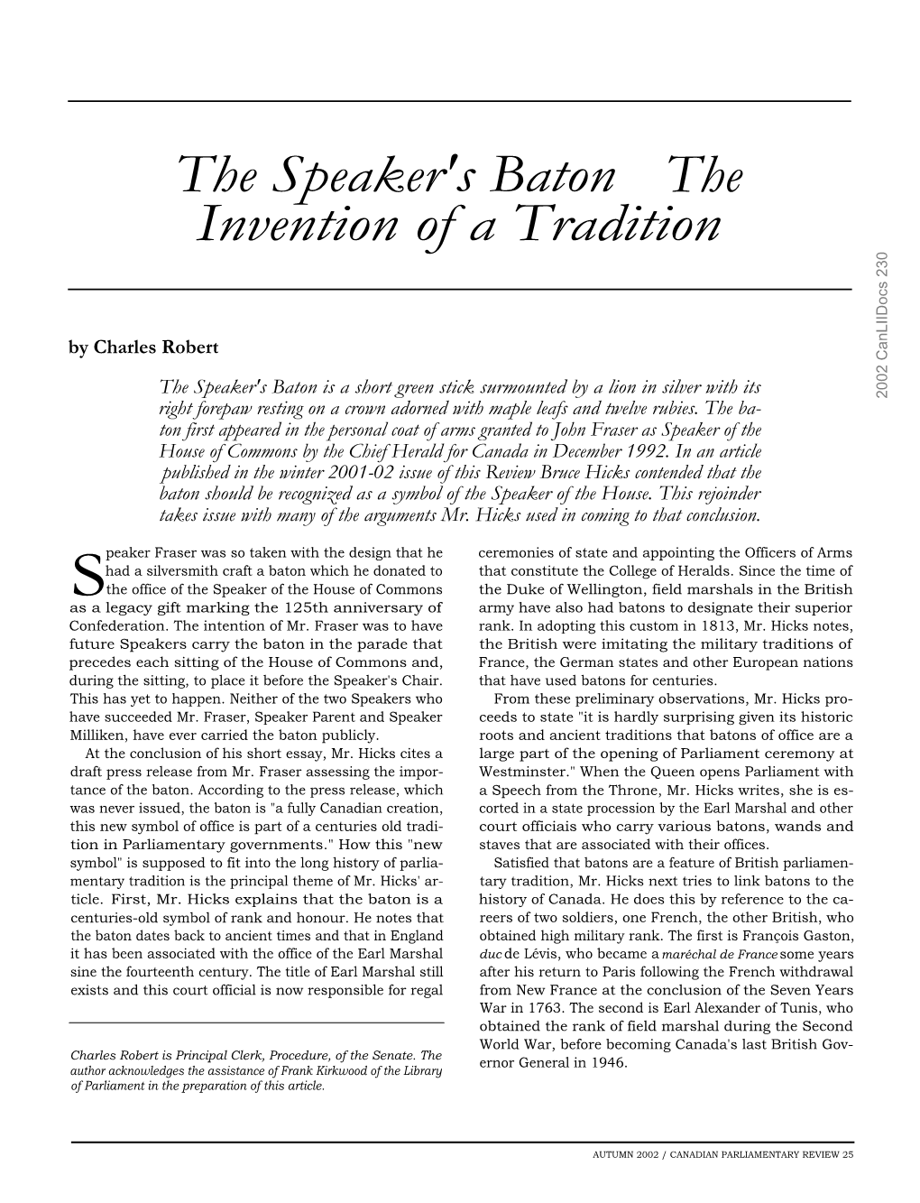 The Speaker's Baton the Invention of a Tradition