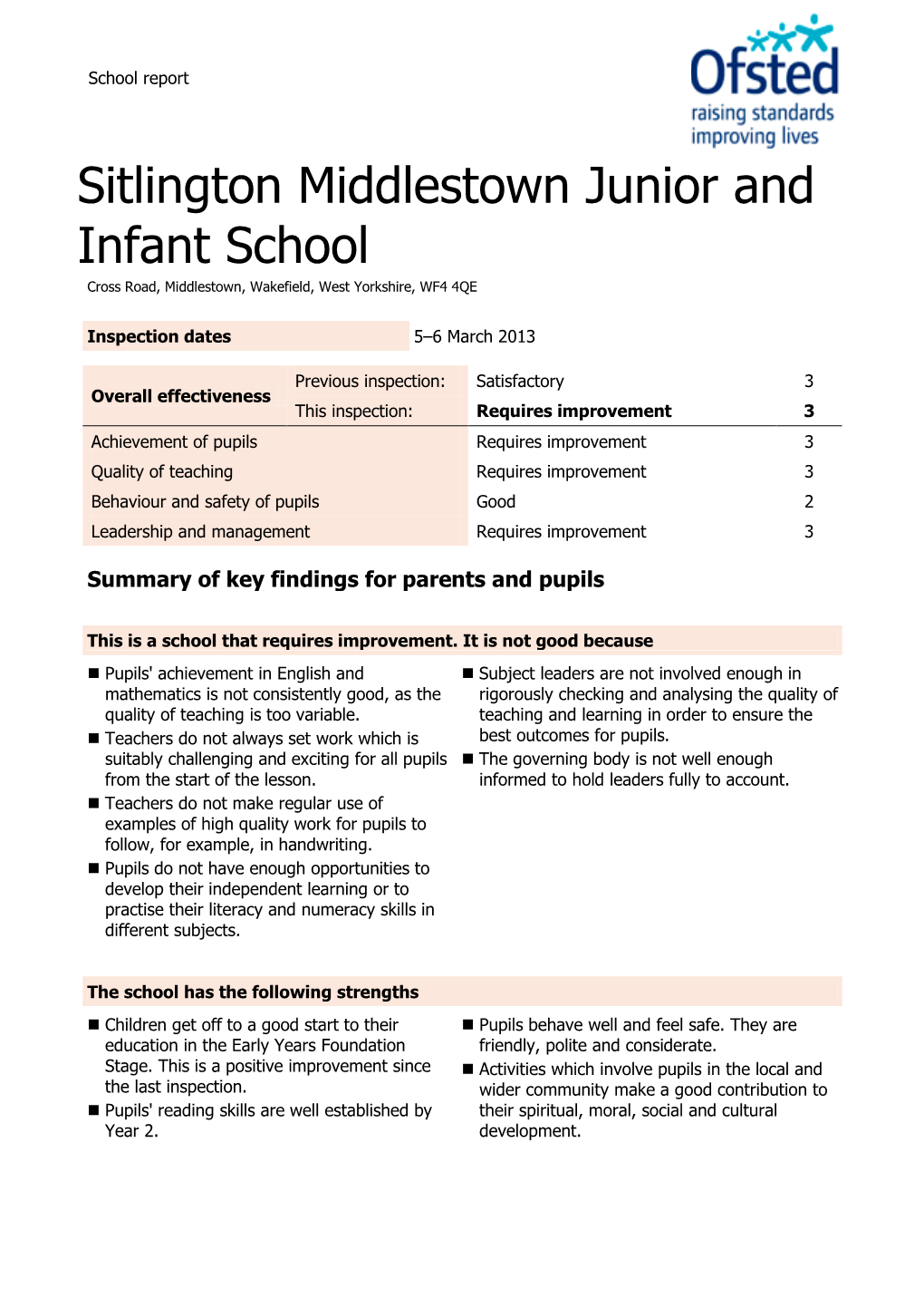 Sitlington Middlestown Junior and Infant School Cross Road, Middlestown, Wakefield, West Yorkshire, WF4 4QE