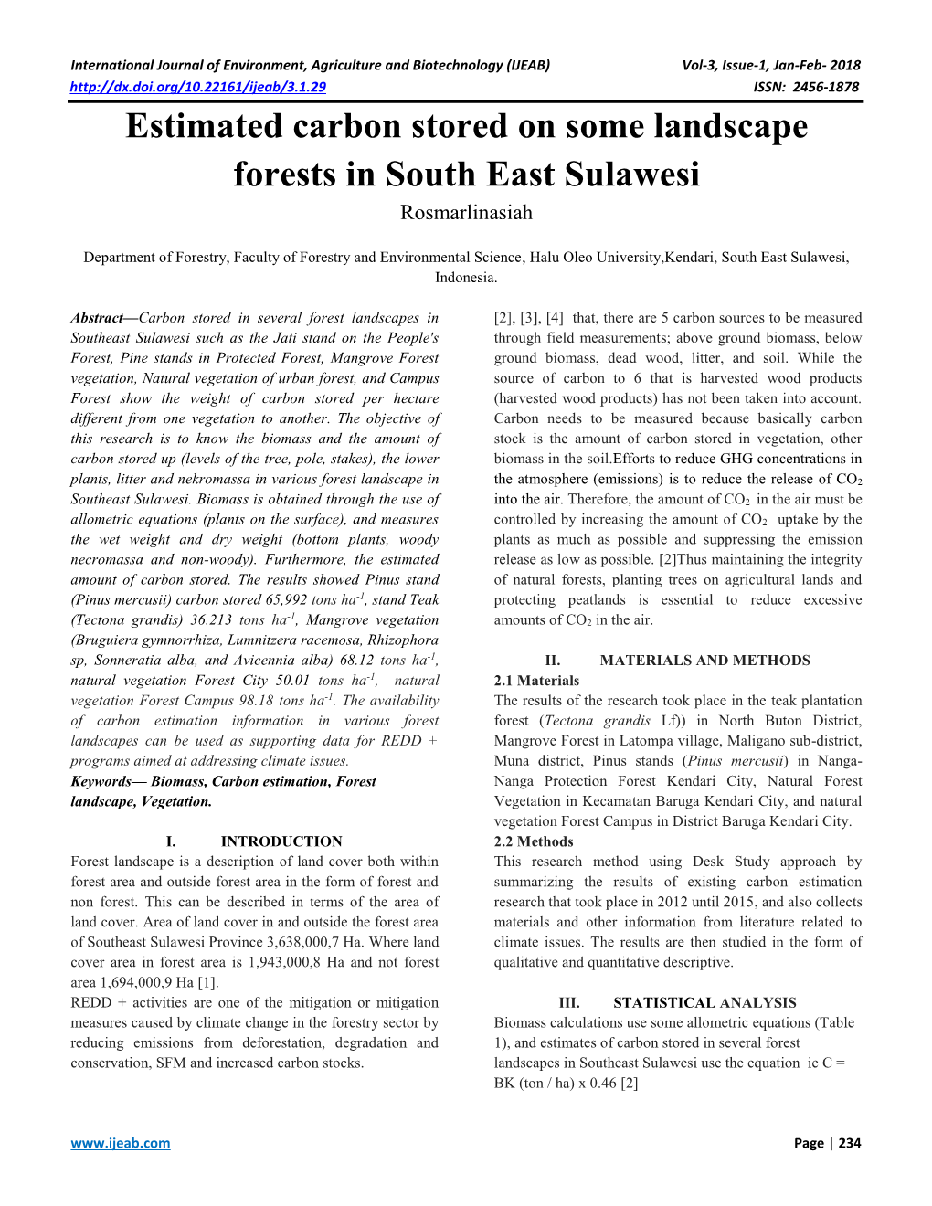 Estimated Carbon Stored on Some Landscape Forests in South East Sulawesi Rosmarlinasiah