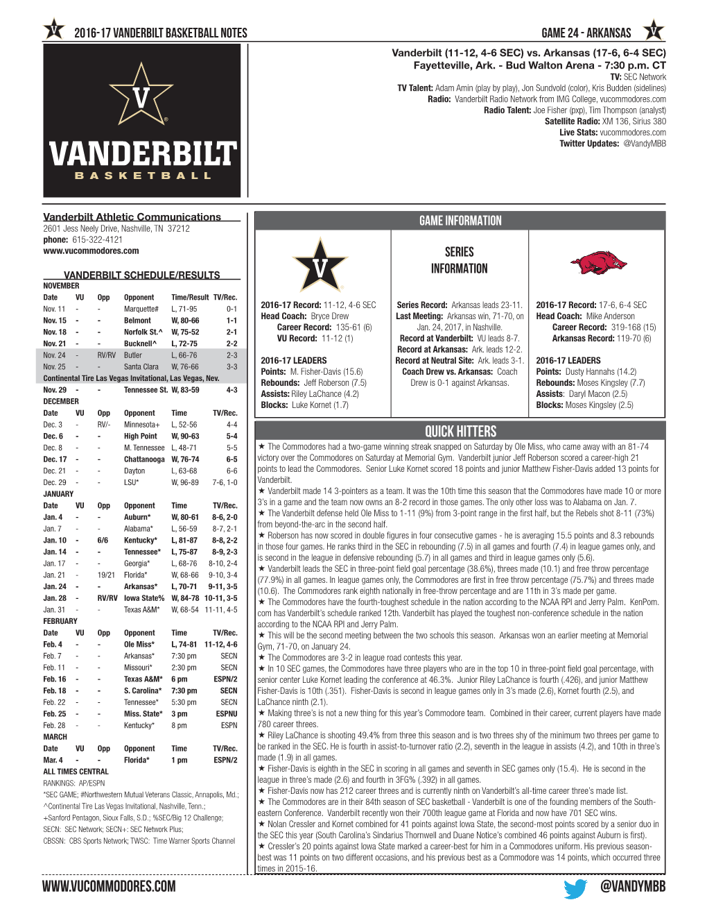 Notes Game 24 - Arkansas Vanderbilt (11-12, 4-6 SEC) Vs