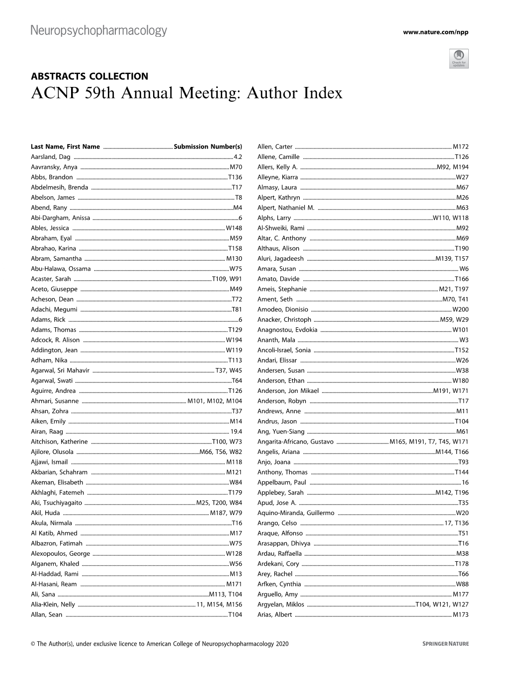 ACNP 59Th Annual Meeting: Author Index
