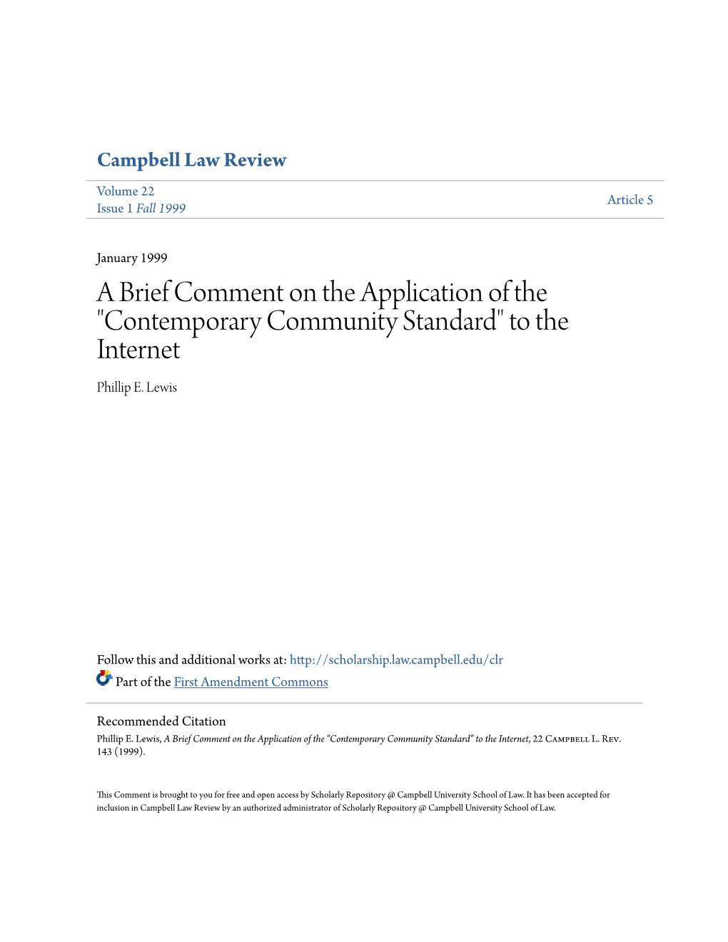 Contemporary Community Standard" to the Internet Phillip E